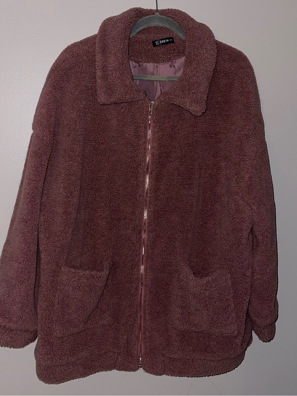 SHEIN Plush Teddy Zip Jacket in Dusty Mauve